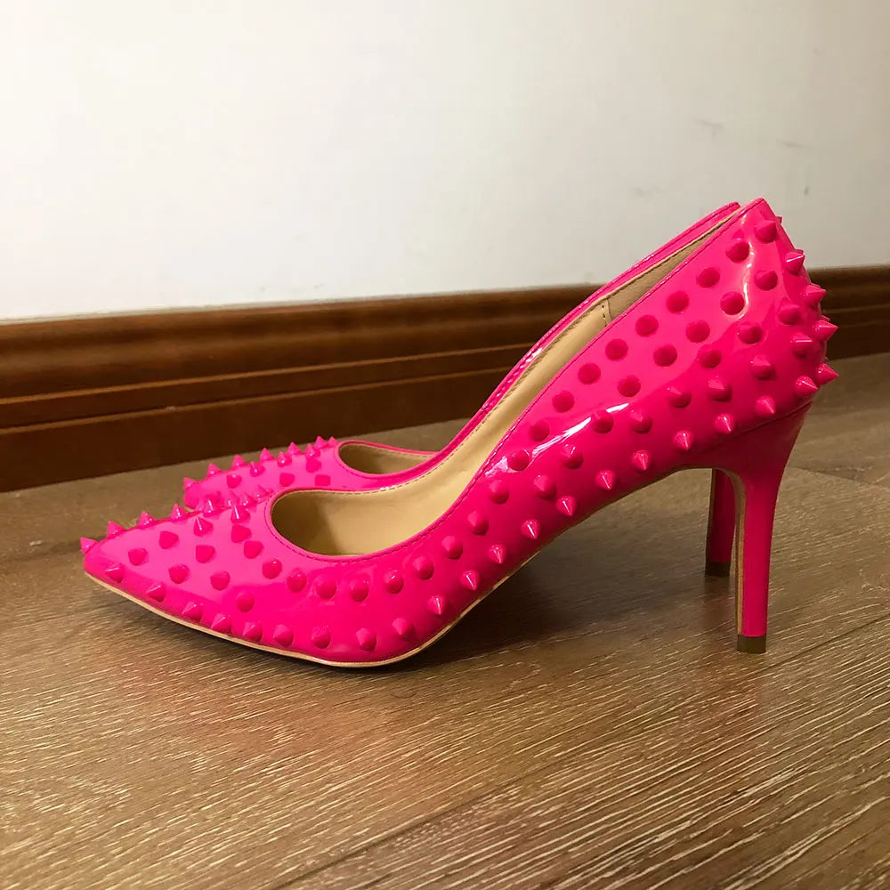 Rose Pink Sexy Spikes Pointed Toe Stiletto Pumps Slip On High Heels for Women