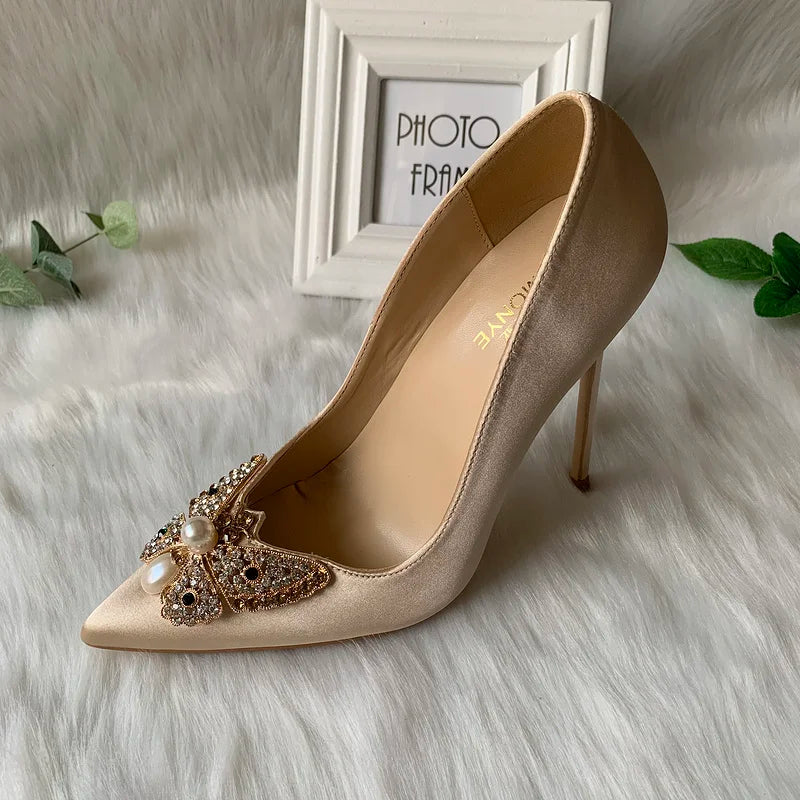 Glitter Bow Satin Pointy Toe High Heels Slip On Party Wedding Shoes for Women