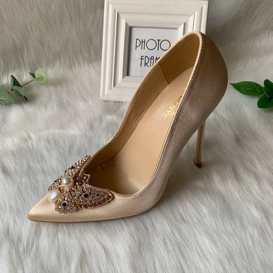Glitter Bow Satin Pointy Toe High Heels Slip On Party Wedding Shoes for Women