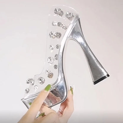 PVC Transparent Peep Toe Platform Chunky Sandals for Fashionable Ladies
