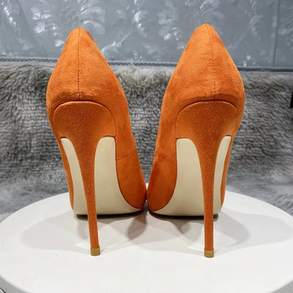 Orange Purple Patchwork Women Flock Pointy Toe High Heel Shoes