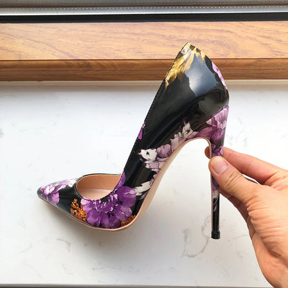 Purple Flower Print Women Patent Pointy Toe High Heel Shoes