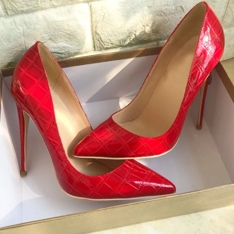 Red Crocodile-Effect Embossed Stiletto High Heels for Women