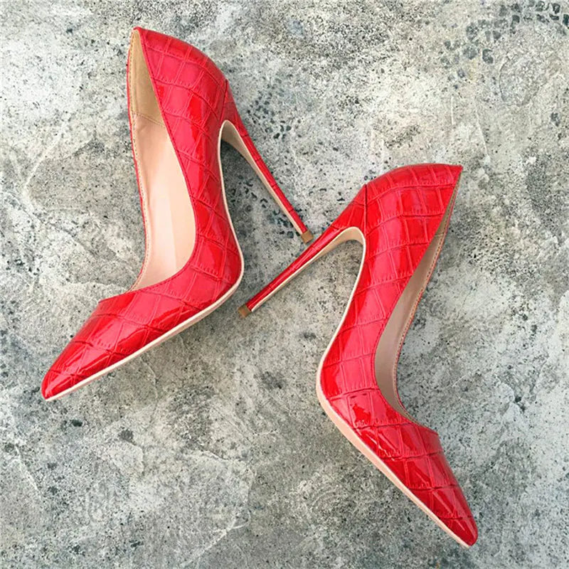 Red Crocodile-Effect Embossed Stiletto High Heels for Women