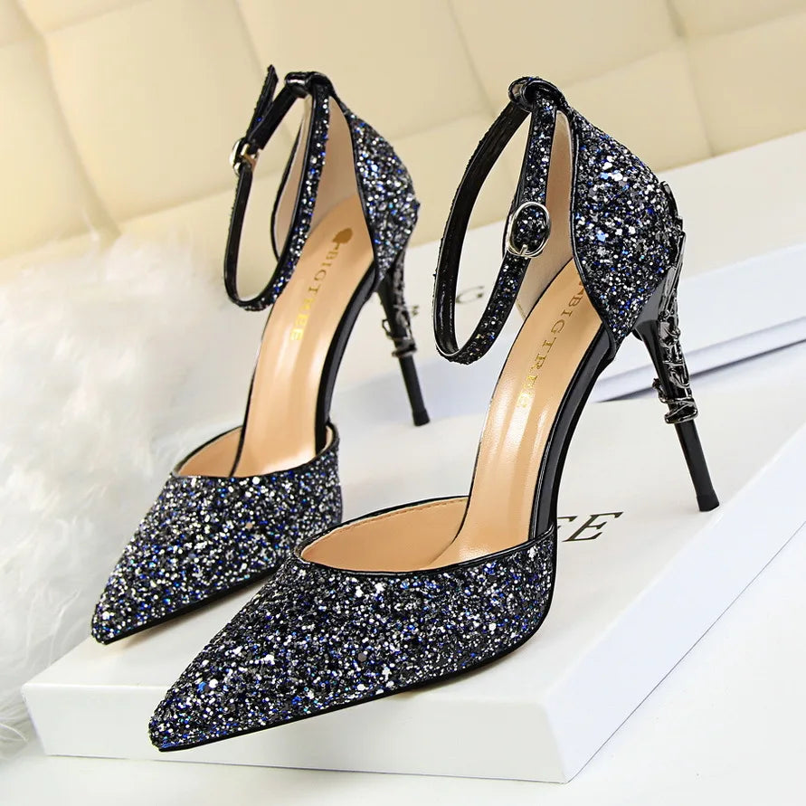 Sequined High Heel Stiletto Pumps in Gold and Silver
