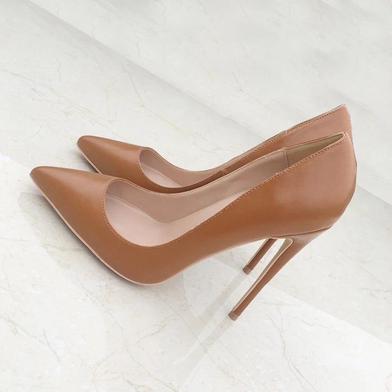 Khaki Brown Matte Pointed Toe Stiletto High Heels for Women