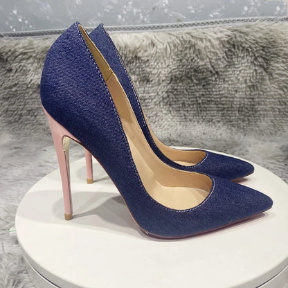 Blue Denim Jeans with Pointy Toe High Heel Shoes in Shiny Pink