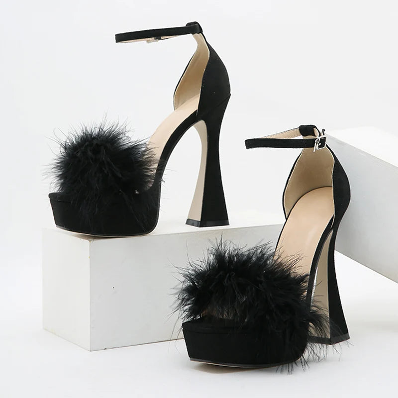 Pink Feather Fluffy High Heels Platform Sandals for Women