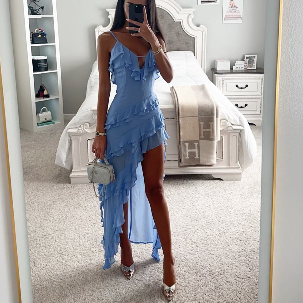 Diagonal Tiered Ruffle Spaghetti Strap Asymmetrical High-Low Midi Dress