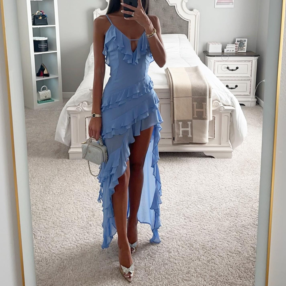 Diagonal Tiered Ruffle Spaghetti Strap Asymmetrical High-Low Midi Dress