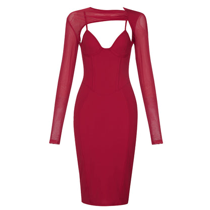 Round Neck Long Sleeve Cut Out Midi Bodycon Dress HB75430