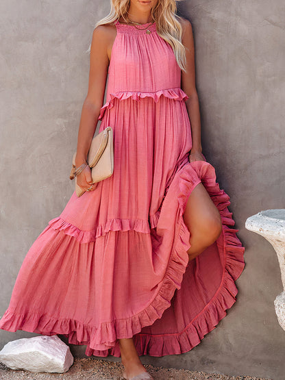 Halter Smocked Neck Tiered Ruffle Trim Maxi Dress