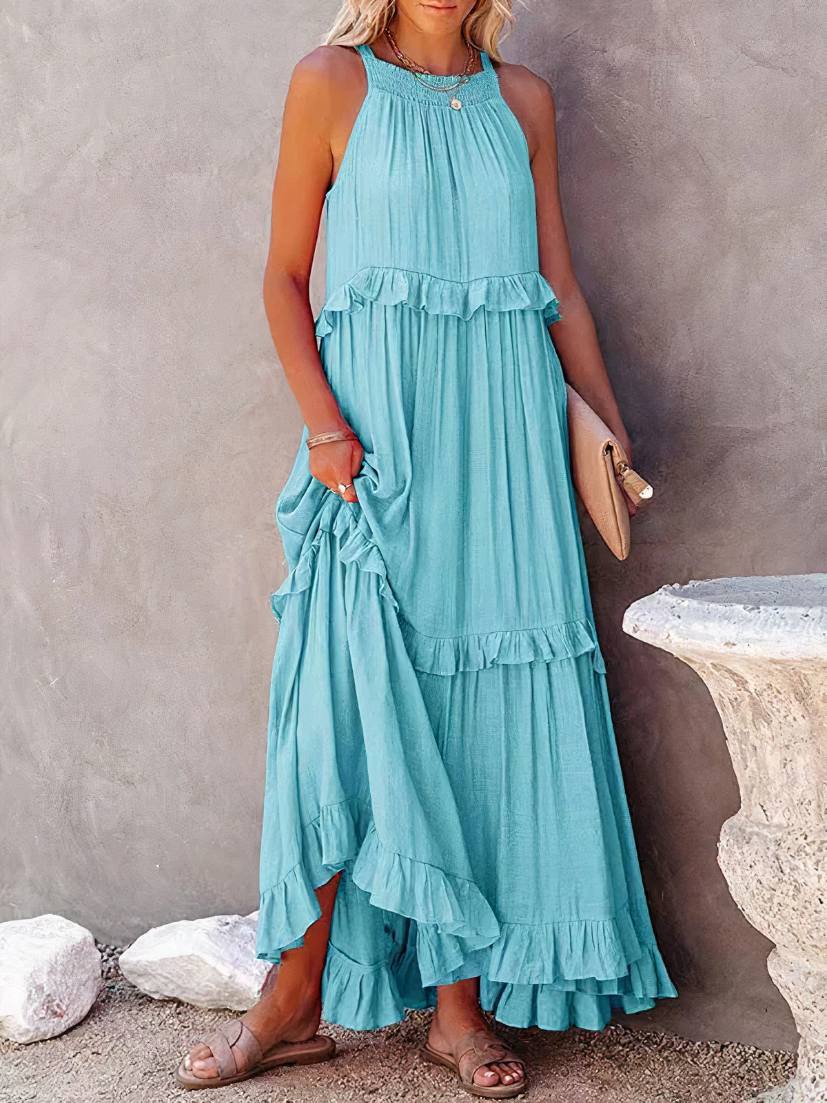 Halter Smocked Neck Tiered Ruffle Trim Maxi Dress