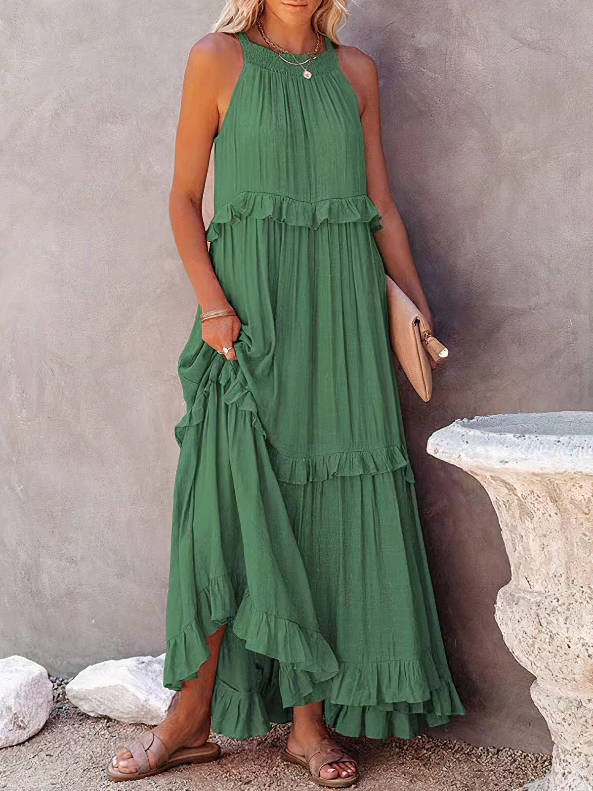 Halter Smocked Neck Tiered Ruffle Trim Maxi Dress