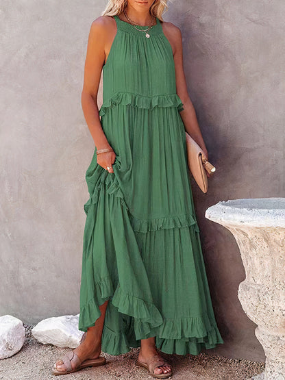 Halter Smocked Neck Tiered Ruffle Trim Maxi Dress