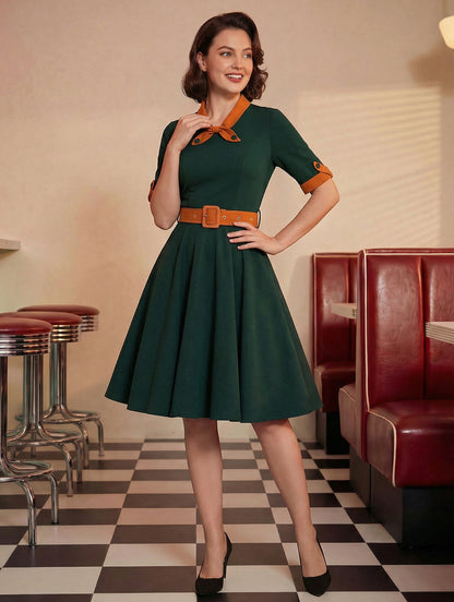 Vintage Dress 1950s Yellow Two-Tone Bows Short Sleeves Embellished Collar Medium Swing Dress
