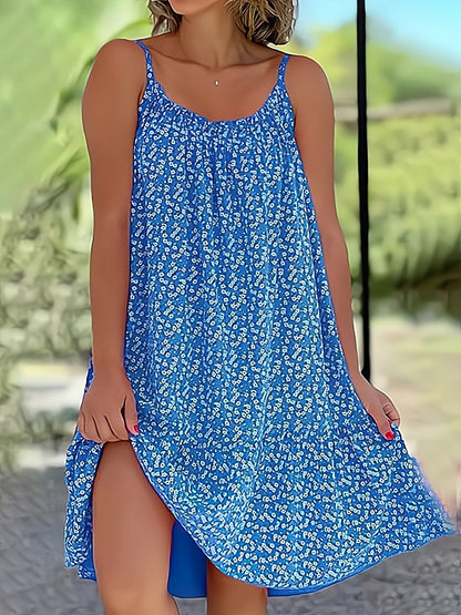 Spaghetti Strap Round Neck Ditsy Print Side Slit Flowy Midi Dress