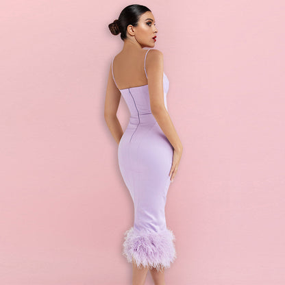 Strappy Sleeveless Midi Feather Bodycon Dress HI1326
