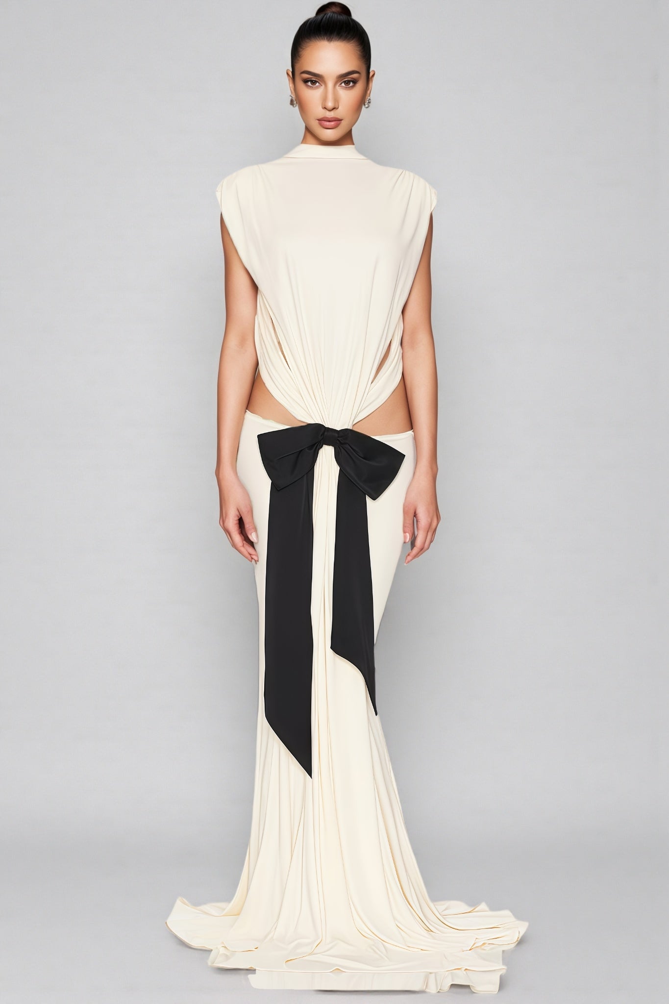 Gaelyra White Backless Satin Pleated Maxi Dress