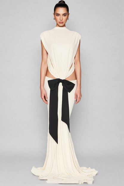 Gaelyra White Backless Satin Pleated Maxi Dress