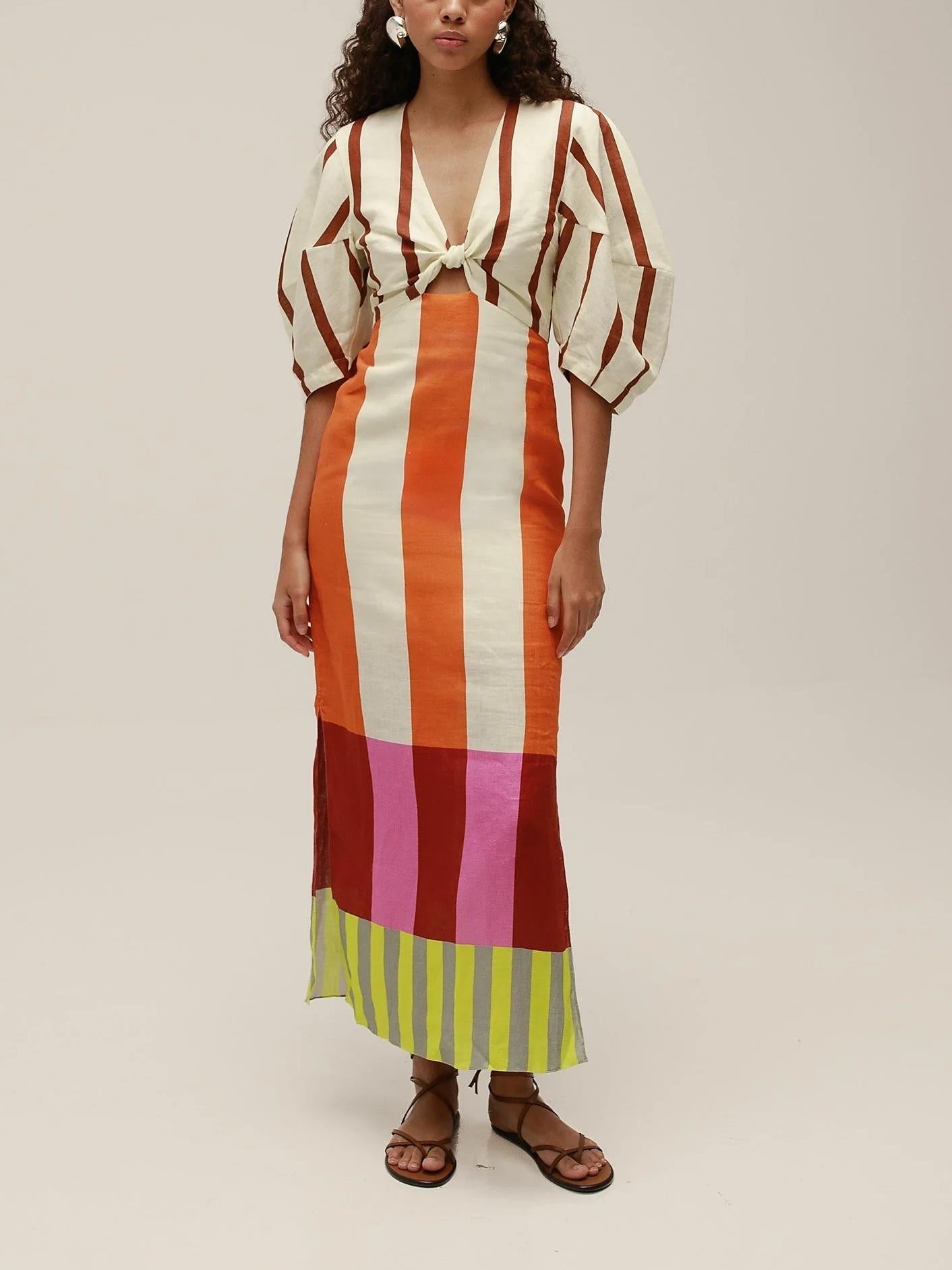 Deep V Neck Puff Sleeve Knotted Front Panel Stripe Maxi Dress