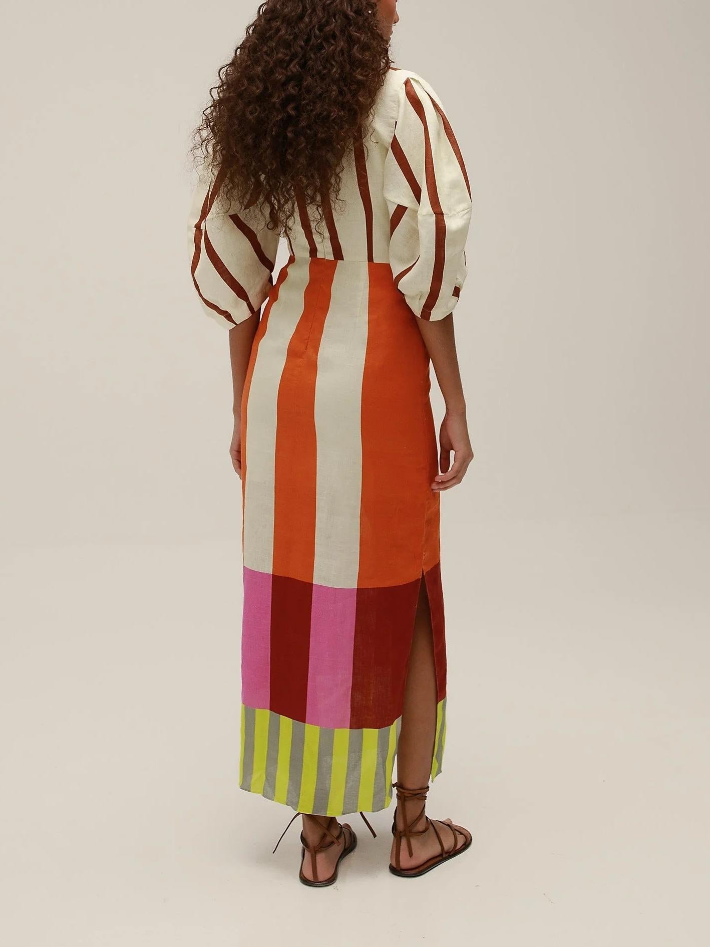 Deep V Neck Puff Sleeve Knotted Front Panel Stripe Maxi Dress