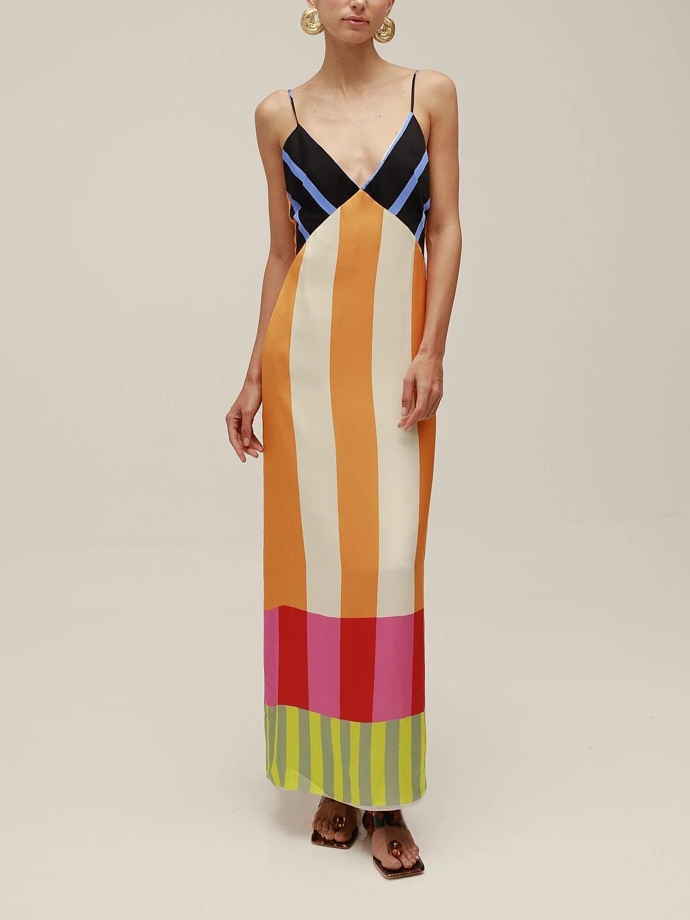 Square Neck Spaghetti Strap Color Block Panel Stripe Midi Dress