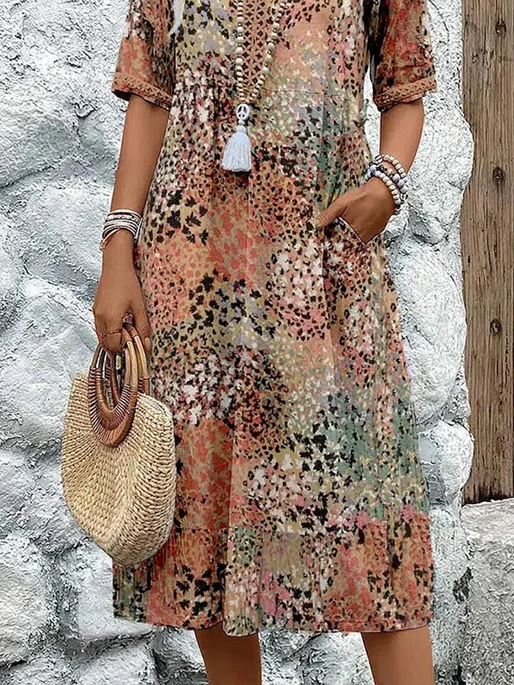 V Neck Half Sleeve Abstract Mosaic Print Pocket Midi Dress