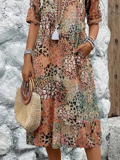 V Neck Half Sleeve Abstract Mosaic Print Pocket Midi Dress