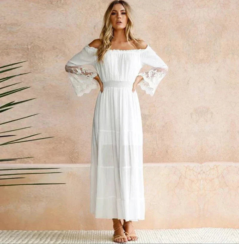 Off-the-Shoulder Smocked Waist Tiered Lace Insert Sleeve Maxi Dress