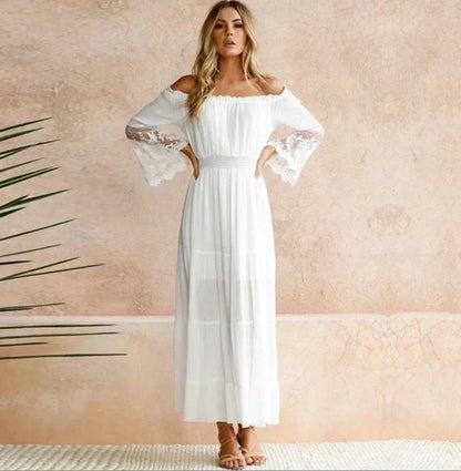 Off-the-Shoulder Smocked Waist Tiered Lace Insert Sleeve Maxi Dress