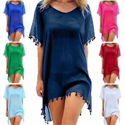 Lace Trim Tassel Fringe Sheer Scoop Neck Handkerchief Hem Beach Cover Up Dress