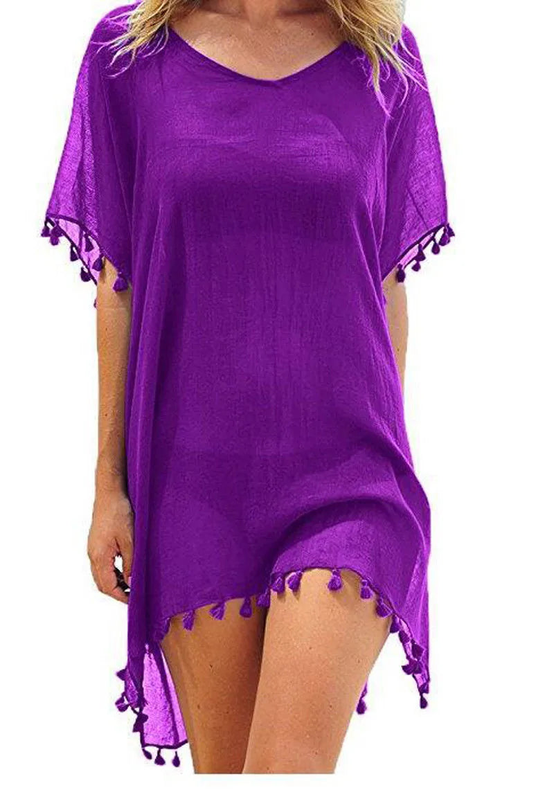 Lace Trim Tassel Fringe Sheer Scoop Neck Handkerchief Hem Beach Cover Up Dress