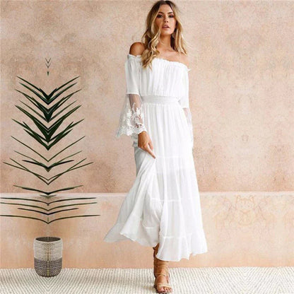 Off-the-Shoulder Smocked Waist Tiered Lace Insert Sleeve Maxi Dress