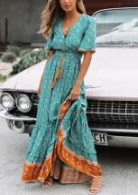 Floral Print Deep V Neck Loose Hippie Maxi Boho Dress