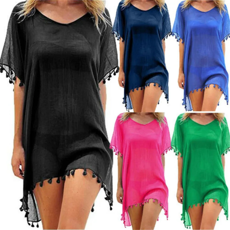 Lace Trim Tassel Fringe Sheer Scoop Neck Handkerchief Hem Beach Cover Up Dress