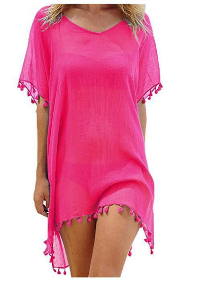 Lace Trim Tassel Fringe Sheer Scoop Neck Handkerchief Hem Beach Cover Up Dress