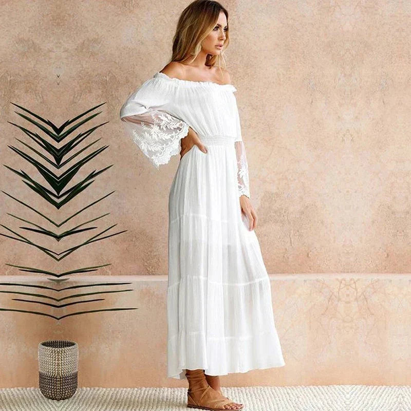 Off-the-Shoulder Smocked Waist Tiered Lace Insert Sleeve Maxi Dress