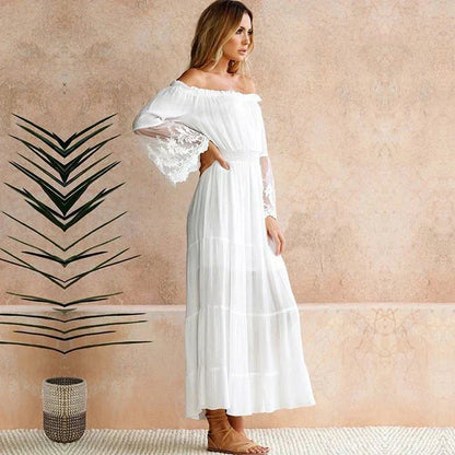 Off-the-Shoulder Smocked Waist Tiered Lace Insert Sleeve Maxi Dress