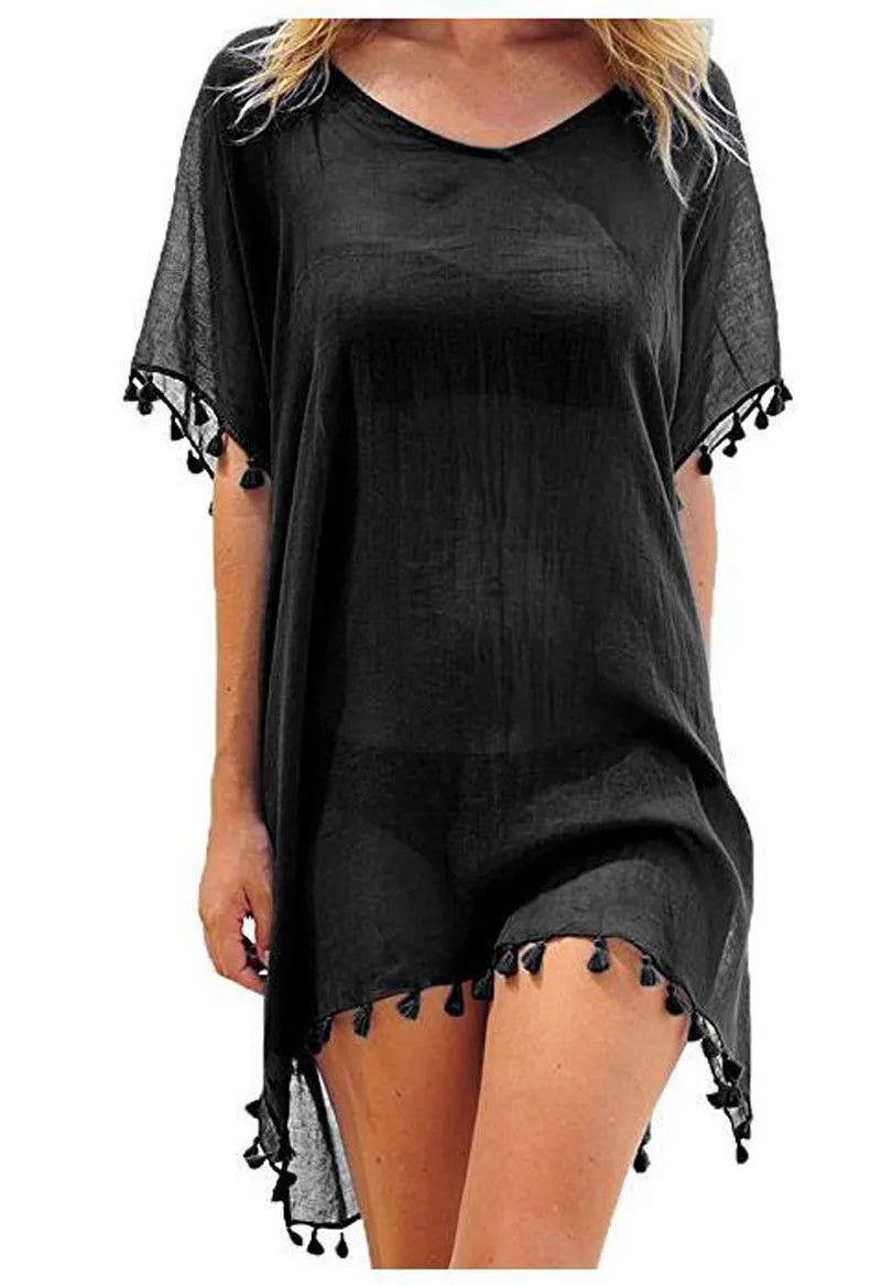 Lace Trim Tassel Fringe Sheer Scoop Neck Handkerchief Hem Beach Cover Up Dress