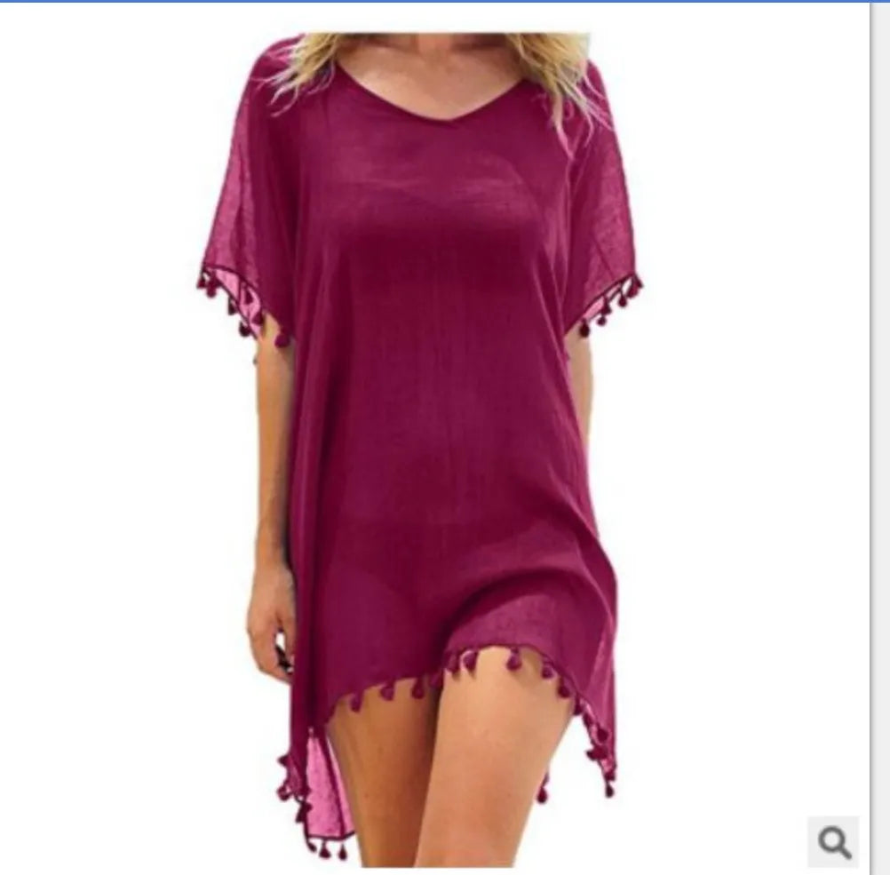 Lace Trim Tassel Fringe Sheer Scoop Neck Handkerchief Hem Beach Cover Up Dress