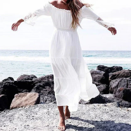 Off-the-Shoulder Smocked Waist Tiered Lace Insert Sleeve Maxi Dress