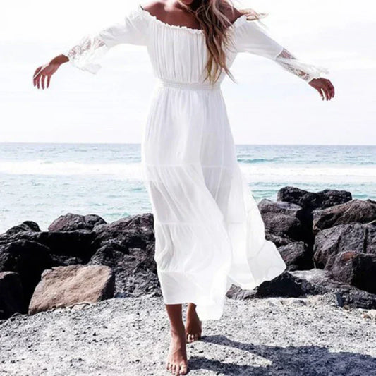 Off-the-Shoulder Smocked Waist Tiered Lace Insert Sleeve Maxi Dress