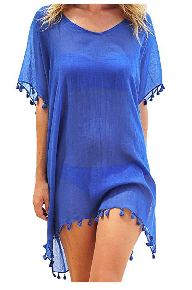 Lace Trim Tassel Fringe Sheer Scoop Neck Handkerchief Hem Beach Cover Up Dress