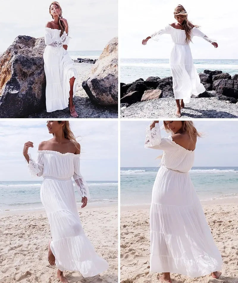 Off-the-Shoulder Smocked Waist Tiered Lace Insert Sleeve Maxi Dress