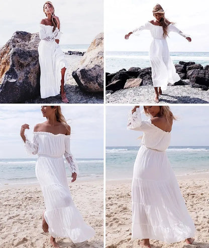 Off-the-Shoulder Smocked Waist Tiered Lace Insert Sleeve Maxi Dress