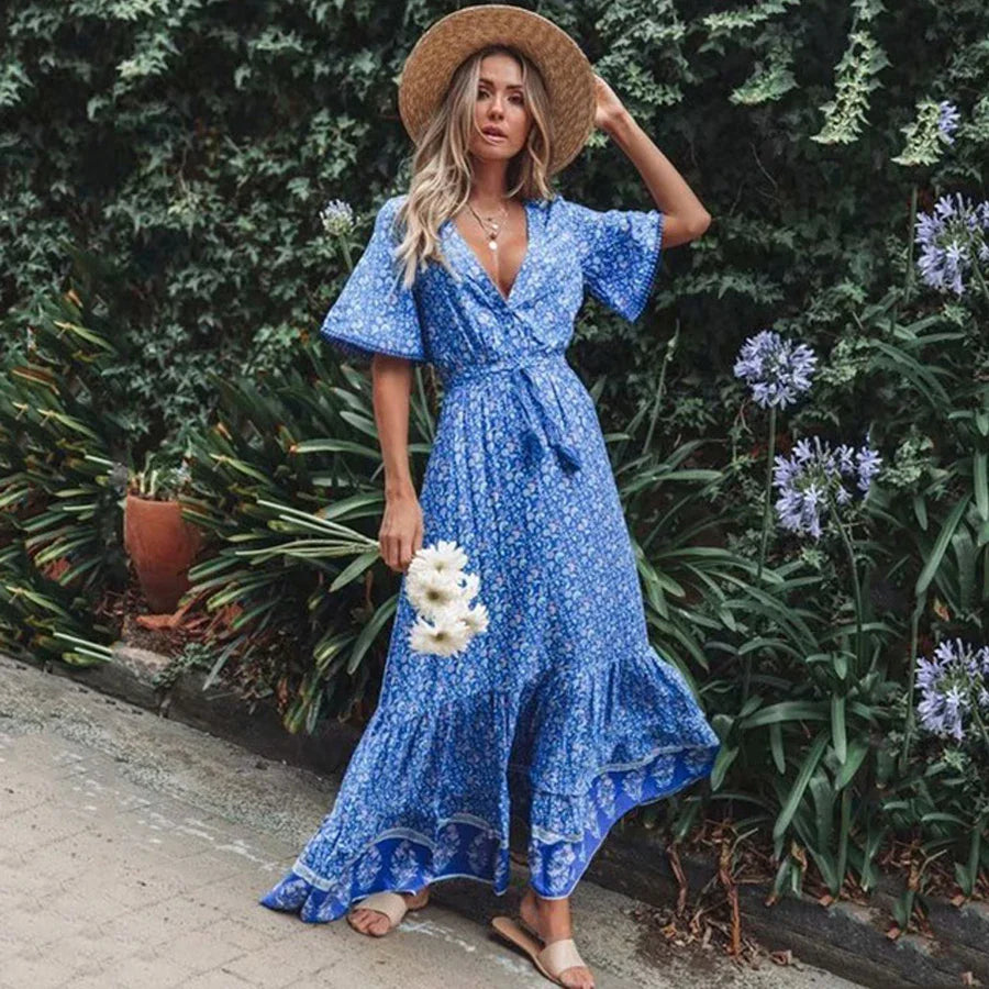 Floral Print Deep V Neck Loose Hippie Maxi Boho Dress