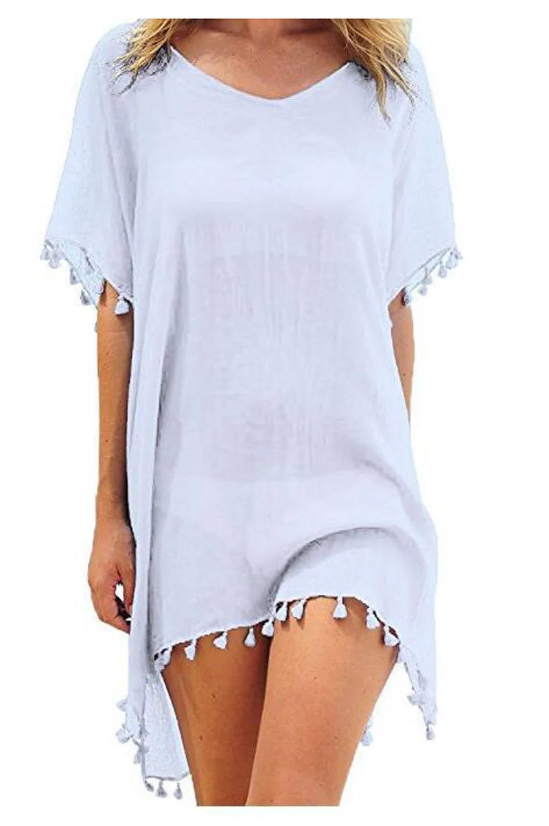 Lace Trim Tassel Fringe Sheer Scoop Neck Handkerchief Hem Beach Cover Up Dress