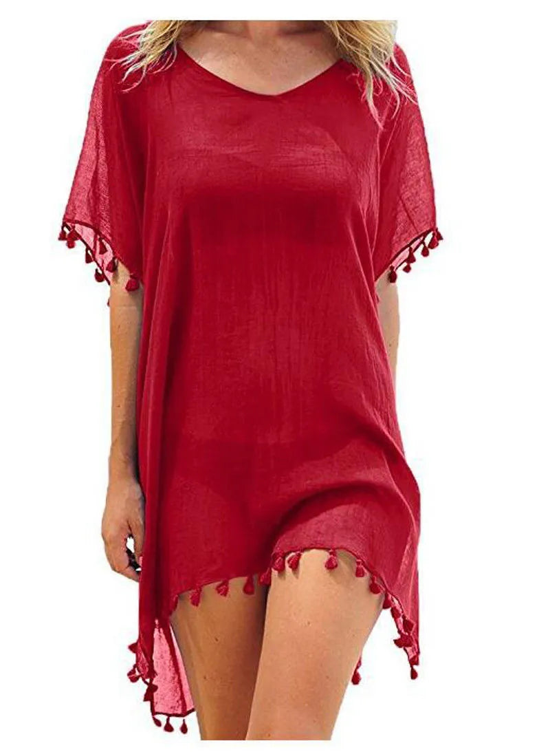 Lace Trim Tassel Fringe Sheer Scoop Neck Handkerchief Hem Beach Cover Up Dress