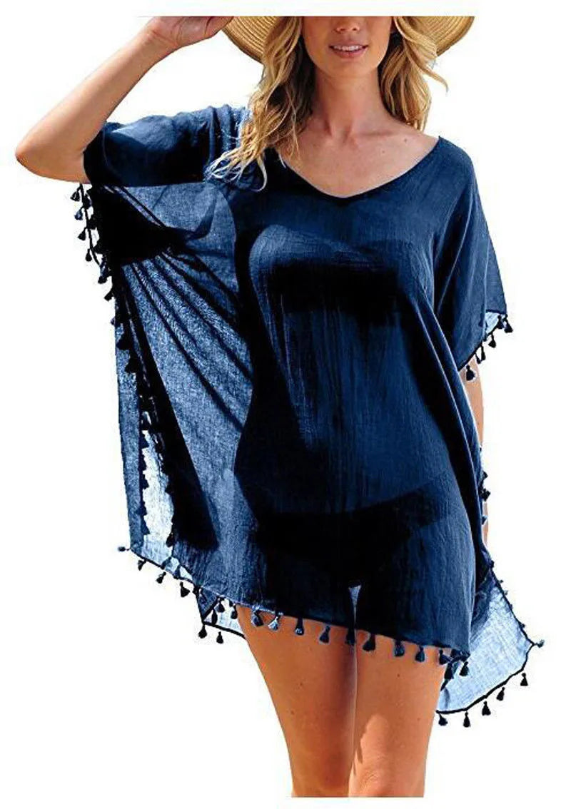 Lace Trim Tassel Fringe Sheer Scoop Neck Handkerchief Hem Beach Cover Up Dress